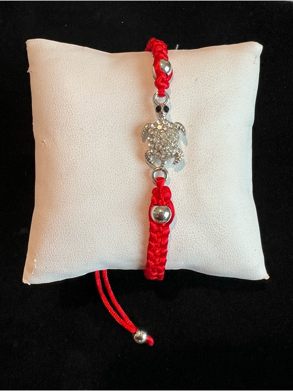 Silver Rhinestone Turtle Bracelet Red Cord Adjustable Stainless Steel